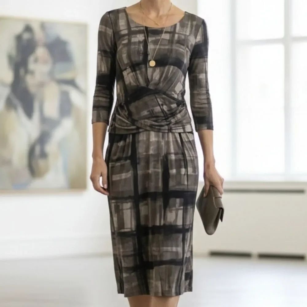 VTG Weekend Max Mara Silk Blend Abstract Taupe Midi Dress XL Y2K Quiet Luxury